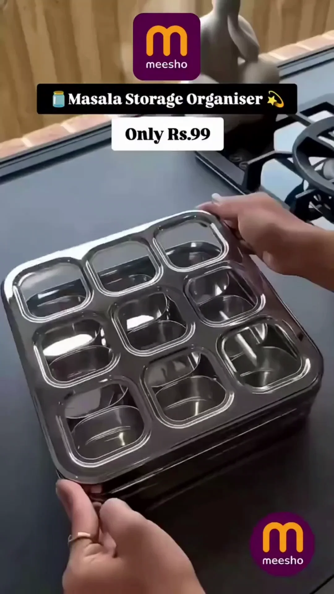 Taluka Stainless Steel Belly Shape Masala Spice Box Dabba Organiser With See Through Lid With Knob With 7 Containers & Small Spoon Size Xtra Large